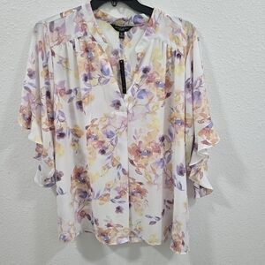 Investments Watercolor Bouquet Print V-Neck 3/4 Ruffled Sleeve Top  Size 3X